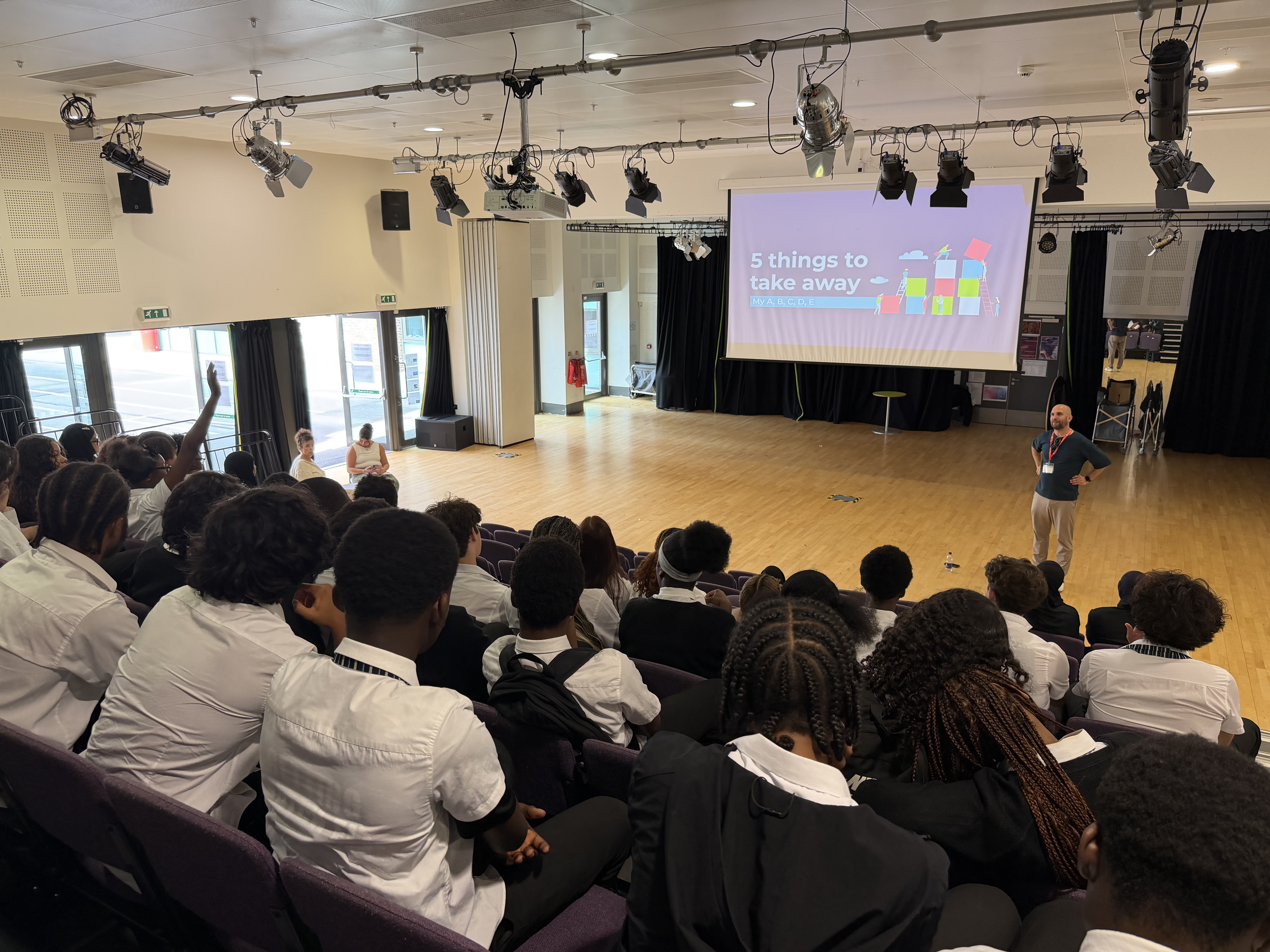 Students in the hall listening to a workshop