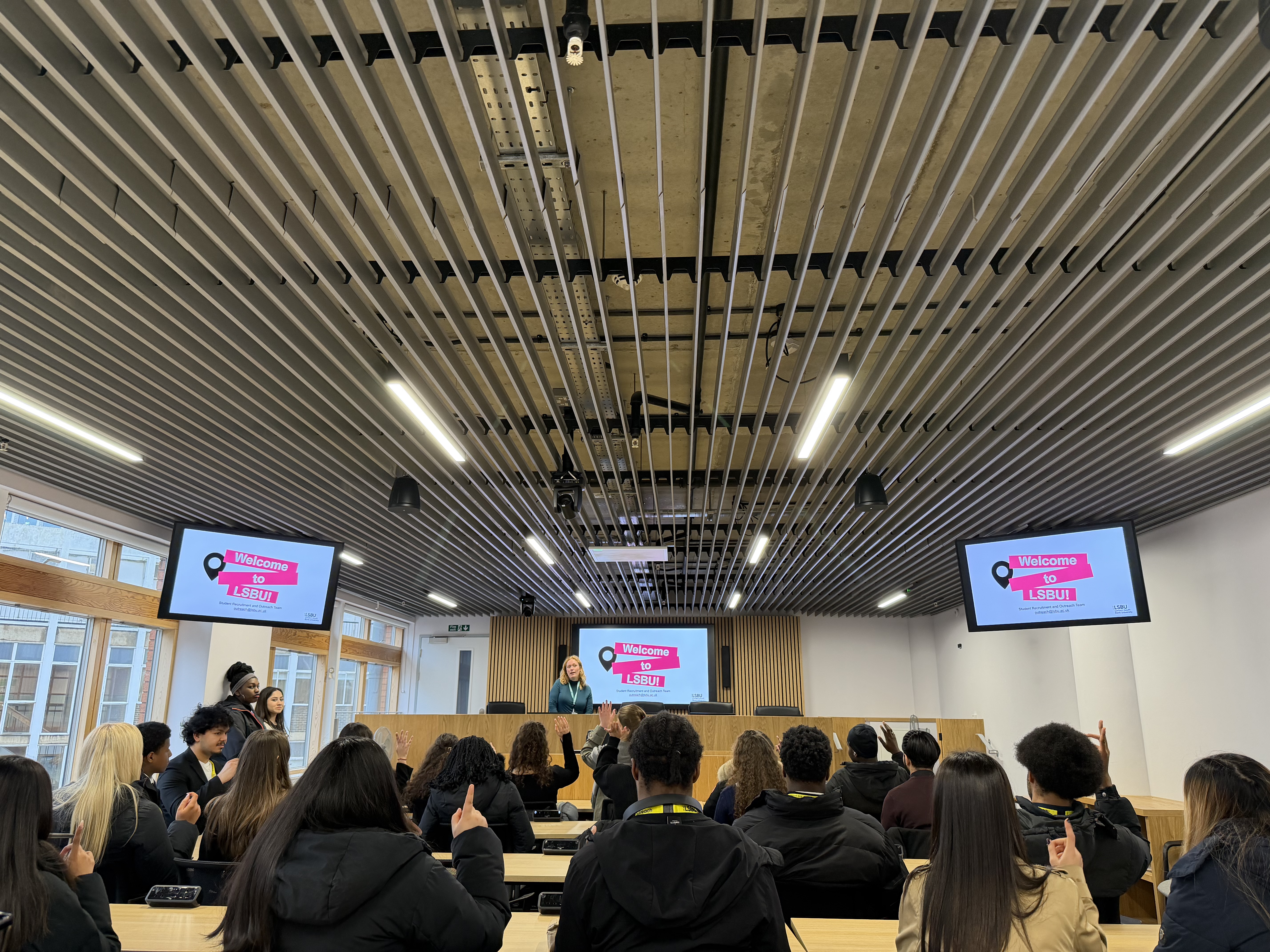 Students in the moot court listening to the welcome talk by LSBU ambassador